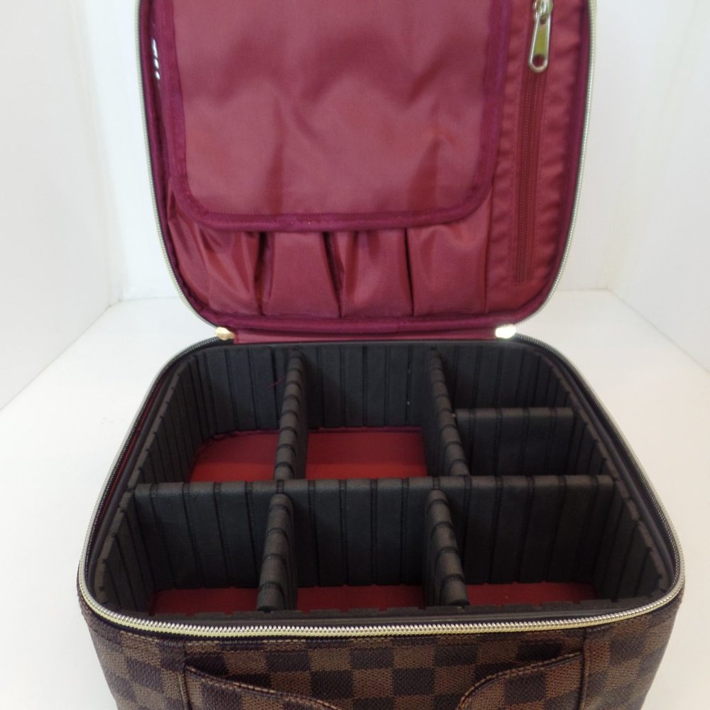 VOKUR Brown & Tan Square Traveling Jewelry Box Coated Canvas Zippered Darling - Picture 12 of 16